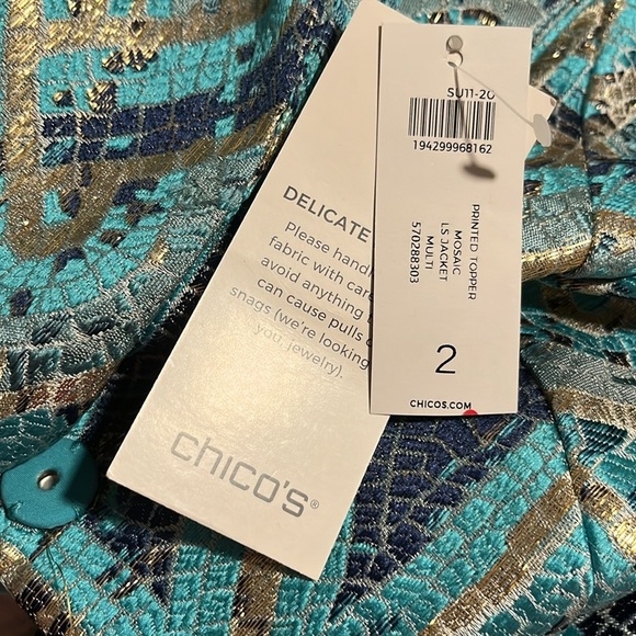 Chico’s teal blue gold mosaic print jacquard topper jacket blazer new nwt 2 L - Picture 6 of 6